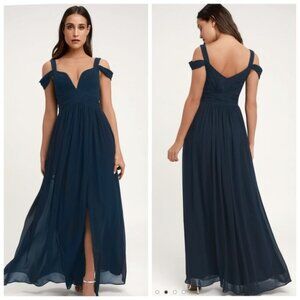 Lulus Bariano Navy Chiffon Ocean Of Elegance Maxi Dress 64" Long Small NWT